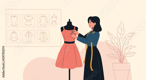 Fashion Designer Creating A New Dress Design In Her Studio With Designs