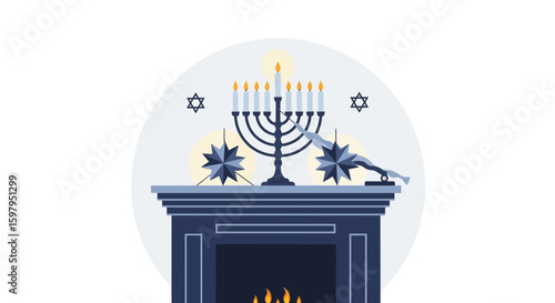 Hanukkah Celebration With Lit Menorah On Fireplace Mantel Illustration