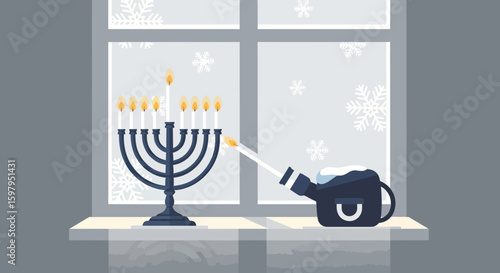 Hanukkah Celebration With Menorah Lighting Ceremony In A Snowy Winter Evening