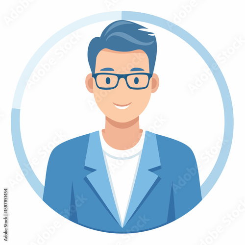 An intelligent and approachable man with blue hair wearing glasses, radiating intellect and approachability.