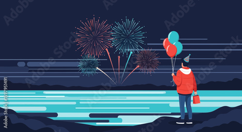 Man Watches Fireworks Display Holding Balloons Near Water Edge Celebration Time