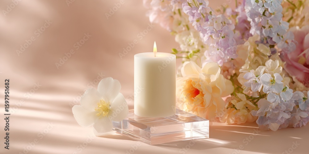 A serene still life featuring a lit candle on a glass stand, complemented by a delicate white flower and a vibrant bouquet of pastel-colored blossoms, creating a calming ambiance. A serene still life featuring a lit candle on a glass stand, complemented by a delicate white flower and a vibrant bouquet of pastel-colored blossoms, creating a calming ambiance.