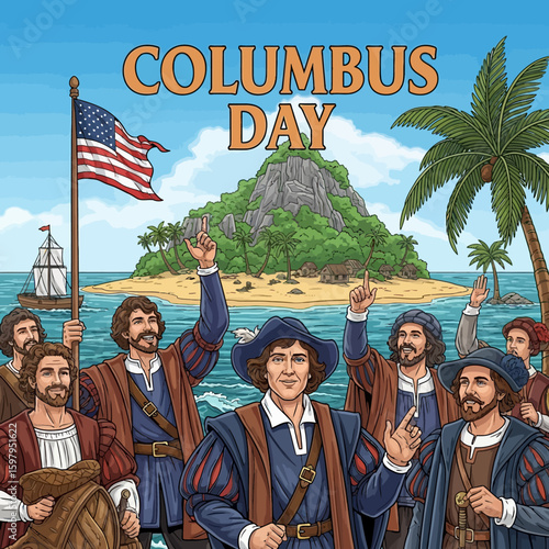 Columbus Day: Celebratory illustration of the Christopher Columbus arrival with the team at the tropical location with American flag. 