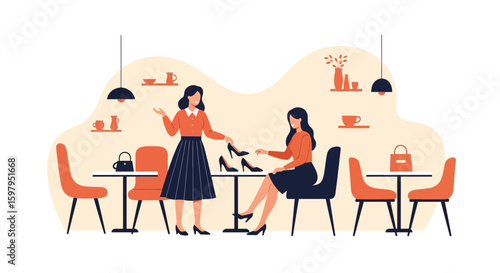 Ladies Choosing Shoes At Cafe With Modern Interior Minimalist Design