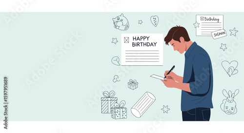 Man Writing Happy Birthday Message Surrounded By Celebration Doodles Sketch