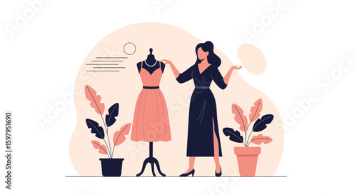 Fashion Designer Presenting Stylish Dress On Mannequin In Studio Atelier