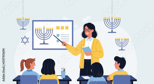 Hanukkah Classroom Lesson A Female Teacher Explaining The Hanukkah Symbol To Pupils