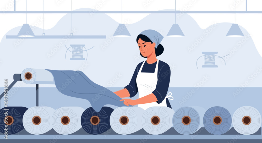 Obraz premium Manufacturing Process Showing Woman Inspecting Textiles On Automated Production Line