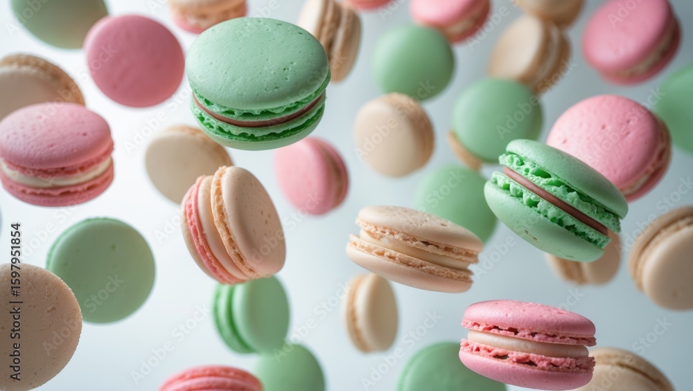 Obraz premium Colorful macarons floating in the air with pink, green, and beige shades. Confectionery treats, dessert photography, sweet baked goods. The concept of sweets and desserts.