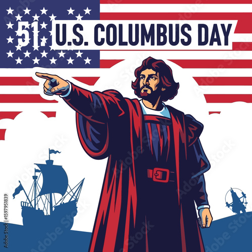 Columbus Day: A vibrant illustration of Columbus Day, honoring the famous explorer's voyage, set against the backdrop of the American flag and historical elements. 