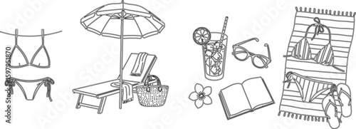 Summer beach vacation outline with deckchair, swimwear and refreshing drink