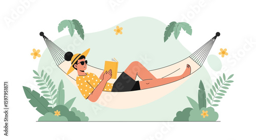 Leisurely Afternoon: A Man Relaxing in a Hammock Reading a Book Under Palm Trees