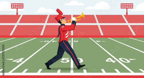 Marching Band Member Playing Trumpet On Football Field During Halftime Show