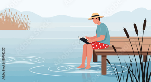 Leisurely Afternoon Reading By The Lake At The Dock In Summer