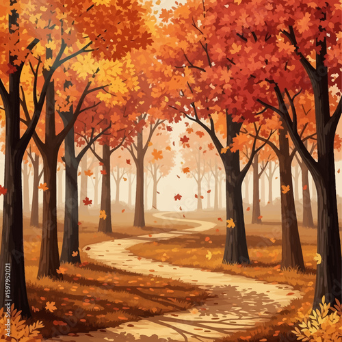 Autumn Forest Path: A serene pathway winds through a vibrant forest, showcasing the stunning autumnal colors of nature's transition with fallen leaves dancing.