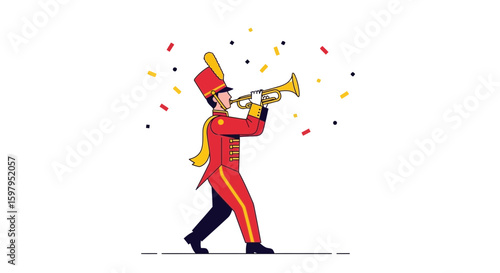 Marching Band Performer Playing Trumpet With Confetti Celebration Illustration