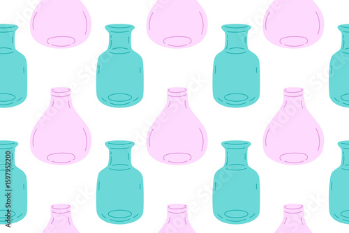 Seamless pattern with alternating blue and pink glass vases on white background