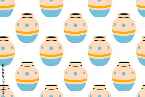Striped ceramic vases in beige and blue in seamless pattern on white background