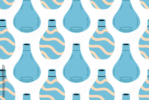 Pattern with blue decorative vases and wavy shapes on white background