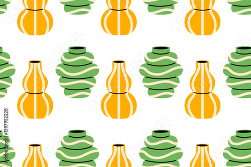 Repeating pattern with yellow and green ceramic vases on white background
