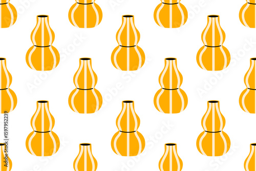 Repeating pattern of orange curvy ceramic vases with black details on white background