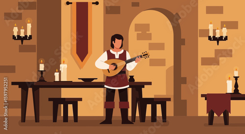 Medieval Minstrel Playing Lute in Castle Interior Illustration for Entertainment Concept