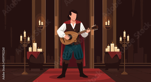Medieval Minstrel Performance In A Castle Lit By Candles For Entertainment