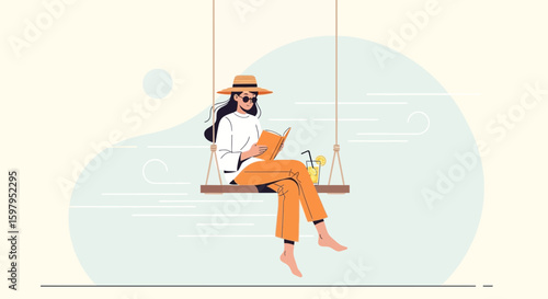 Leisurely Reading On The Swing During Summer Vacation With A Refreshing Cocktail