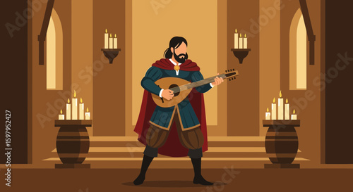 Medieval Minstrel Serenade In A Candlelit Castle Hall Illustration