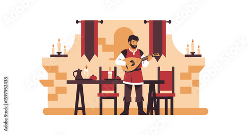 Medieval Minstrel Serenading in a Castle Hall with Lute Performance