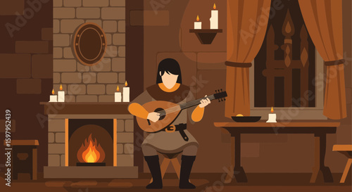 Medieval Minstrel Serenades by Firelight In Stone Chamber Warmth Atmosphere Illustration