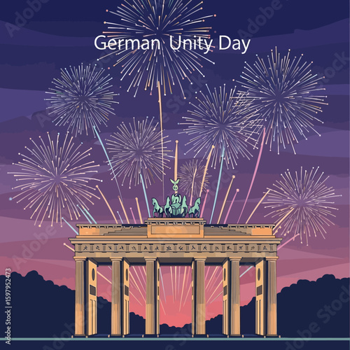 Fireworks Spectacle: Festive fireworks illuminate the iconic Brandenburg Gate, set against a twilight sky in this illustration, symbolizing unity and celebration.