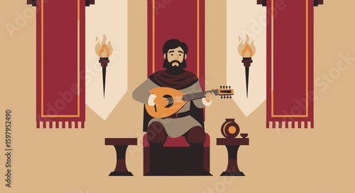 Medieval Minstrel Serenading In The Royal Chamber With Lute Instrument