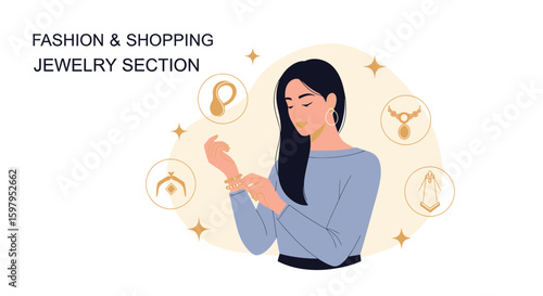 Fashionable Woman Shopping For Jewelry Online With Accessories Showcase Illustration