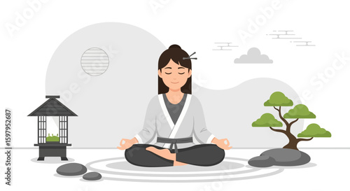 Meditating Woman In Peaceful Garden Setting Illustration On White Background