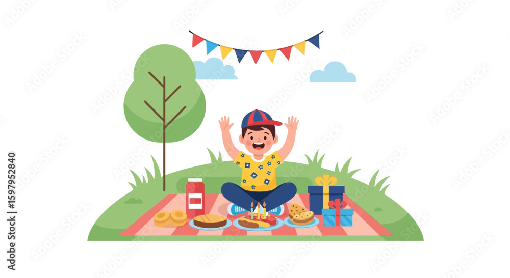 Obraz premium Happy Boy Celebrating Birthday At Picnic Party Outdoor With Food And Gifts