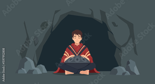 Meditative Handpan Player Performing Inside Cave For Peaceful Atmosphere