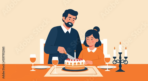 Father And Daughter Celebrating Birthday Together With Cake And Wine At Home