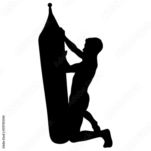Silhouette of boxer hitting punching bag, athlete training hard in gym. Silhouette shows intense exercise, powerful arms and strong body. Athletic silhouette concept for fitness class poster.