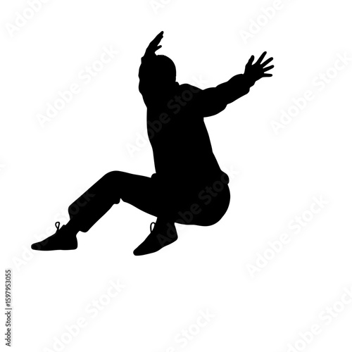 Silhouette of active man jumping, a dark silhouette against plain backdrop. Dynamic silhouette demonstrates energy and movement, leaping up with arms outstretched and legs bent.