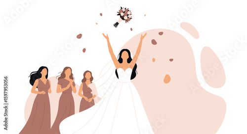 Happy Bride Tossing Bouquet With Bridesmaids Waiting Wedding Ceremony Celebration