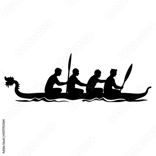 Silhouette image shows four rowers paddling a long boat on water, silhouetted figures working together. Silhouette illustration of teamwork, rowers coordinating their strokes.
