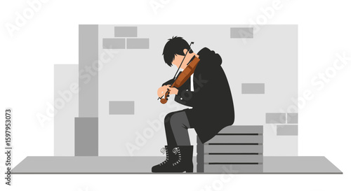 Melancholy Musician Plays Violin Outdoor Urban Scene In Solitude