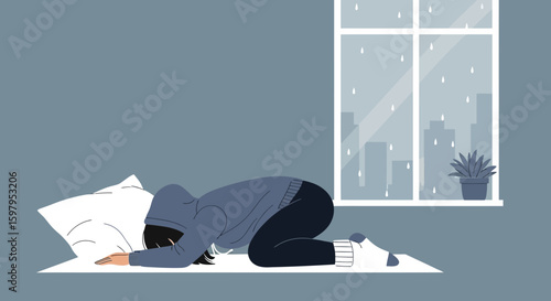 Feeling Depressed Sad Woman Kneeling On The Floor Looking Out At Rainy Cityscape