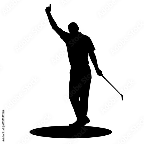 Golf player silhouette with arm raised in celebration poses with golf club on white backdrop. Golf silhouette illustrates victory and triumphant moment after scoring, while expressing jubilation.