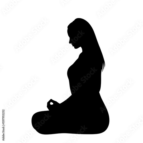 Silhouette of meditating woman against plain background. Silhouette shows seated pose, concentration, and peacefulness in yoga or meditation. Use silhouette for yoga studio branding.