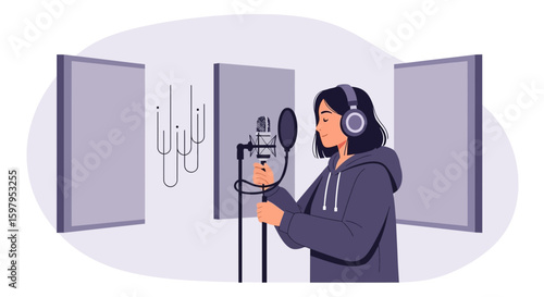Female Artist Recording Podcast In Studio With Microphone And Headphones