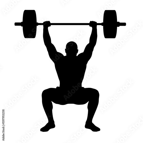 Silhouette of weightlifter holding barbell overhead during squat exercise. Weightlifter silhouette showcases power and strength, as athlete executes a full squat with heavy barbell.