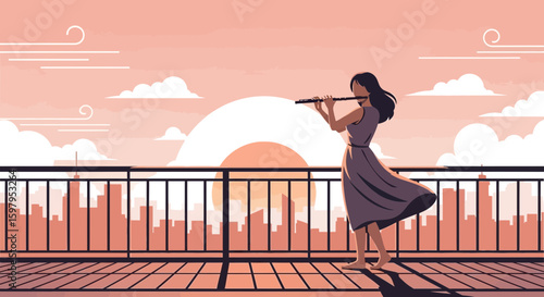 Melodic Serenity Woman Plays Flute At Sunset Cityscape Harmony And Peace