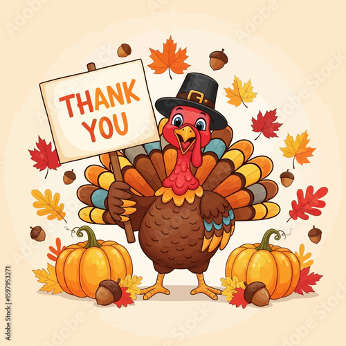 A cartoon turkey wearing a pilgrim hat holds a "Thank You" sign, surrounded by pumpkins, acorns, and autumn leaves, set against a light beige background.